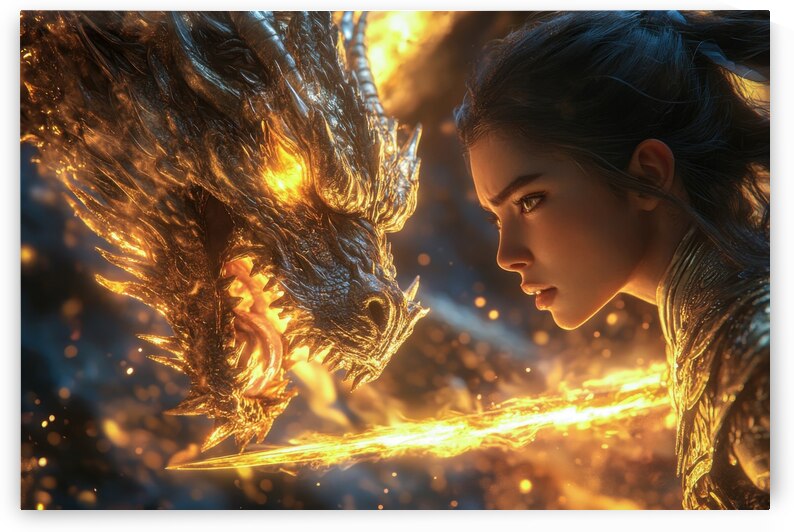 Dragon and Female Warrior - The Fiery Standoff by Matthias Hauser