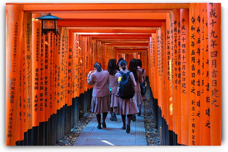 Path of Prayers - Students Walking Through Torii Gates in Kyoto by Matthias Hauser