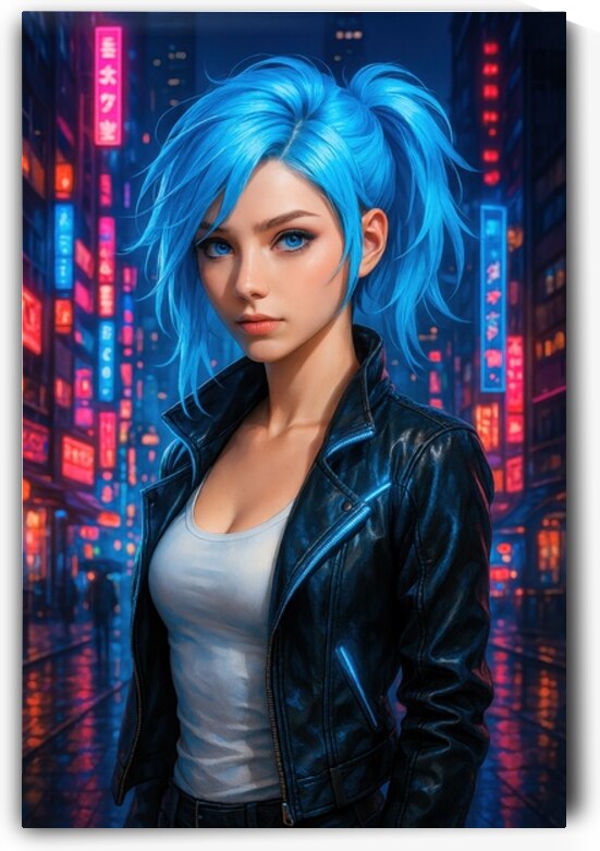 Blue-Haired Cyberpunk Woman - Neon Streets at Night by Matthias Hauser