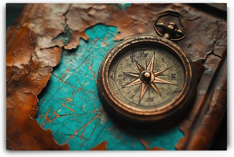Vintage Compass on Weathered Map - Exploration and Mystery by Matthias Hauser