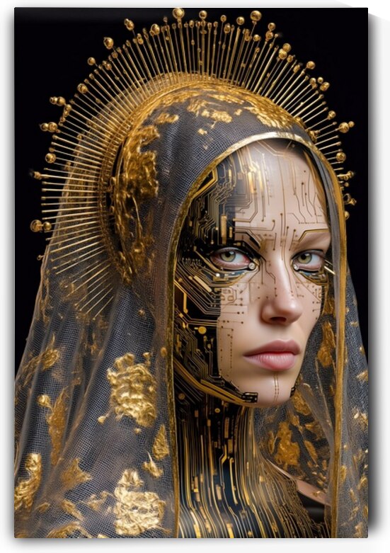 Cyberpunk Woman with Gold Halo and Circuit Face by Matthias Hauser