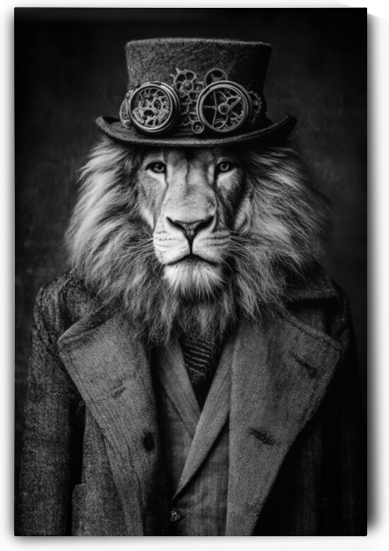 Black and White Steampunk Lion in Tweed Attire by Matthias Hauser