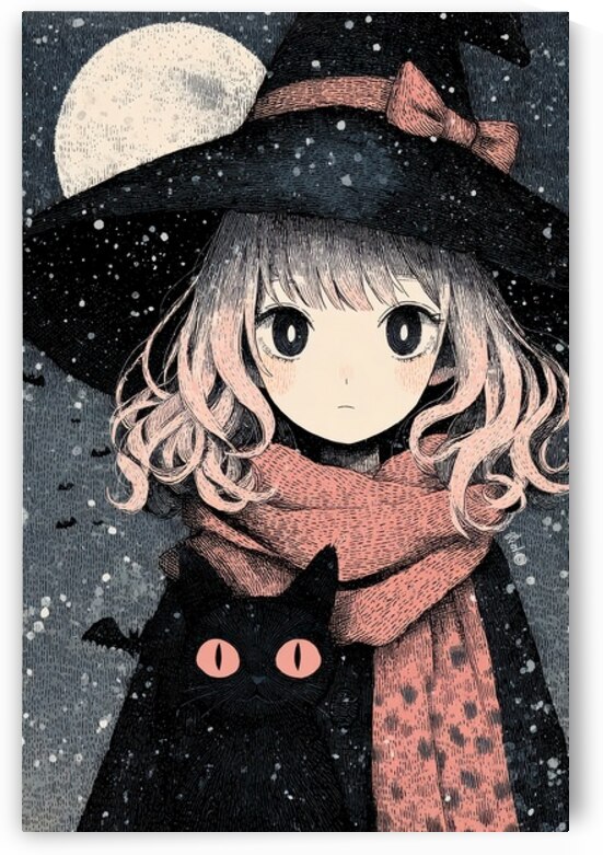 Kawaii Witch and Cat - Snowy Halloween Night by Matthias Hauser