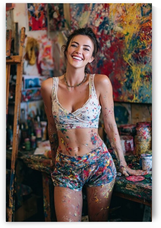 Happy Female Artist in Paint Splattered Studio by Matthias Hauser
