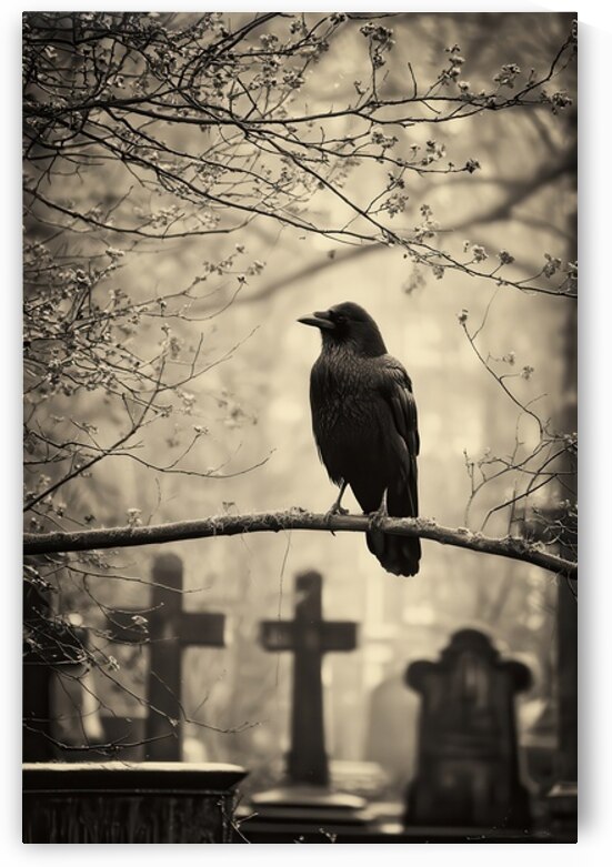 Crow on Branch in Foggy Cemetery by Matthias Hauser