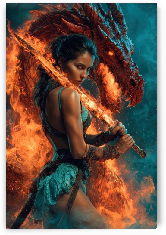 Warrior Woman with Fiery Dragon by Matthias Hauser