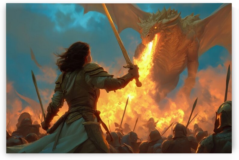Warrior Leading Army Against Fire Dragon by Matthias Hauser