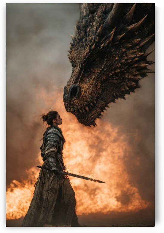 Warrior Confronts Giant Dragon by Matthias Hauser