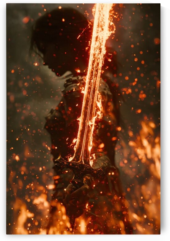 Flaming Sword And Warrior Silhouette by Matthias Hauser