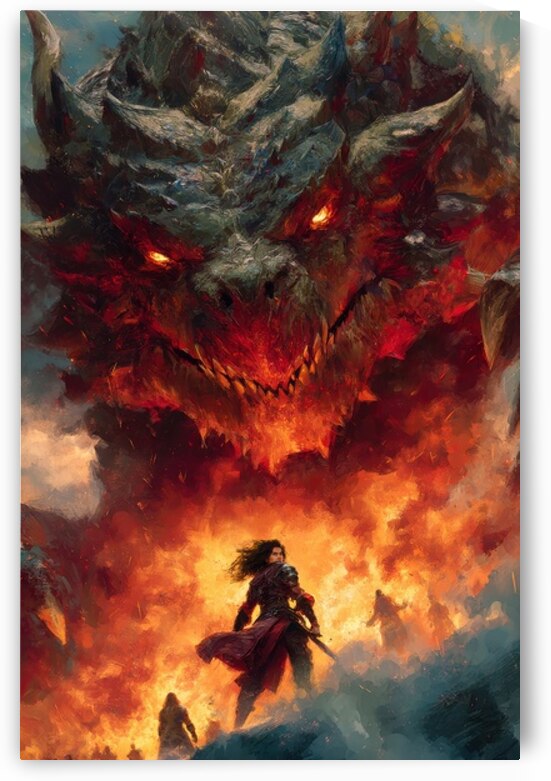 Dragon and Warrior Woman in Fiery Battle by Matthias Hauser