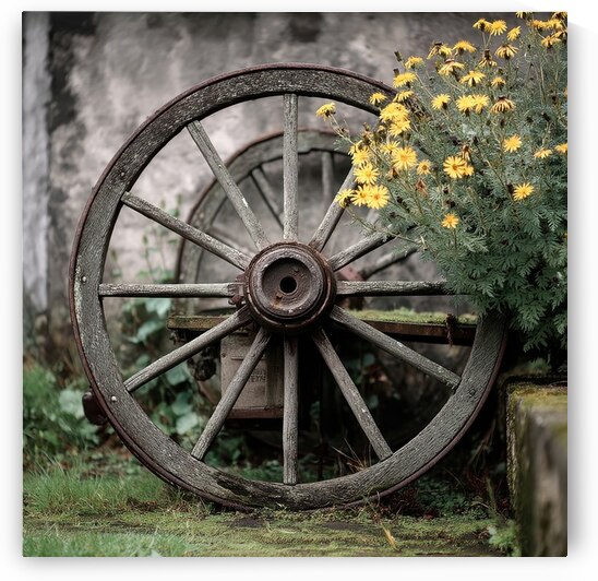 Old Wooden Wagon Wheel by Yellow Flowers by Matthias Hauser
