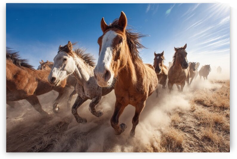 Galloping Horses In Dust Under Blue Sky by Matthias Hauser