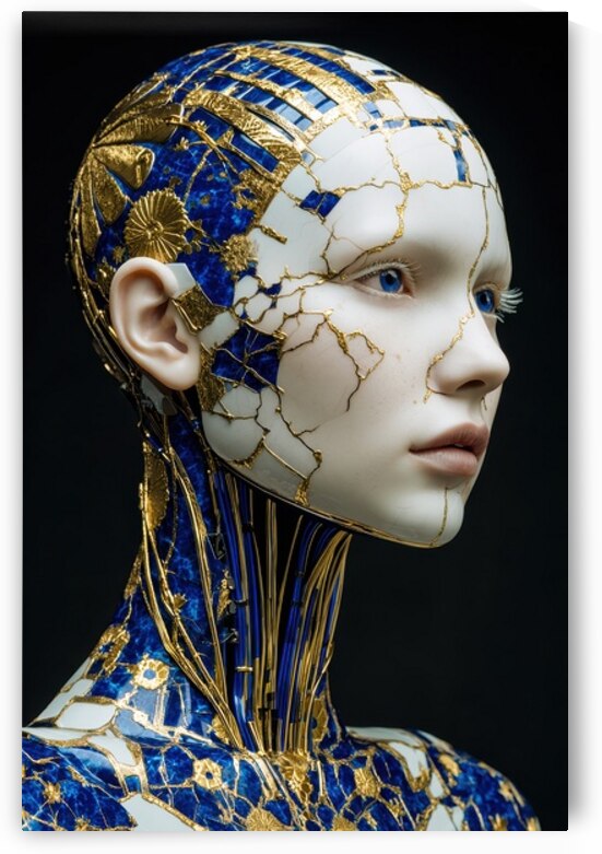 Kintsugi Cyborg Portrait Porcelain Android in Blue and Gold by Matthias Hauser