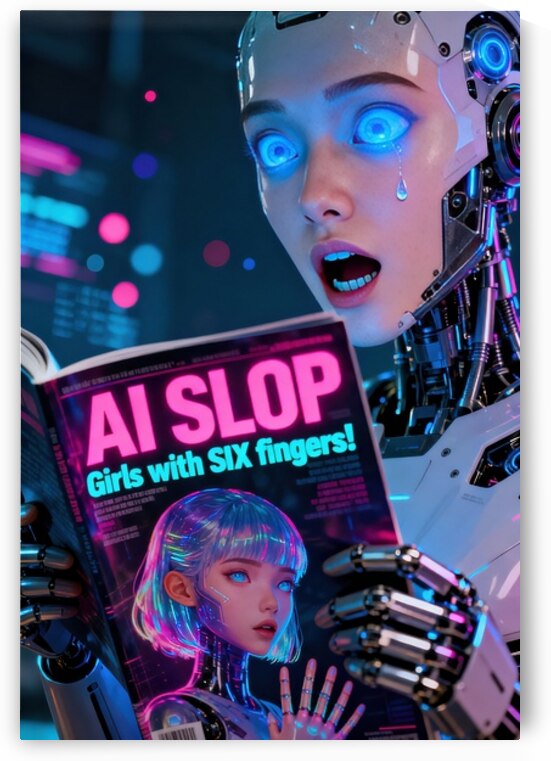 Cyborg Reading Ai Slop Magazine Six Fingers Meme by Matthias Hauser