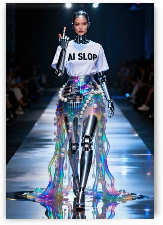 Cyborg Runway Sarcastic Protest Ai Slop Tee by Matthias Hauser