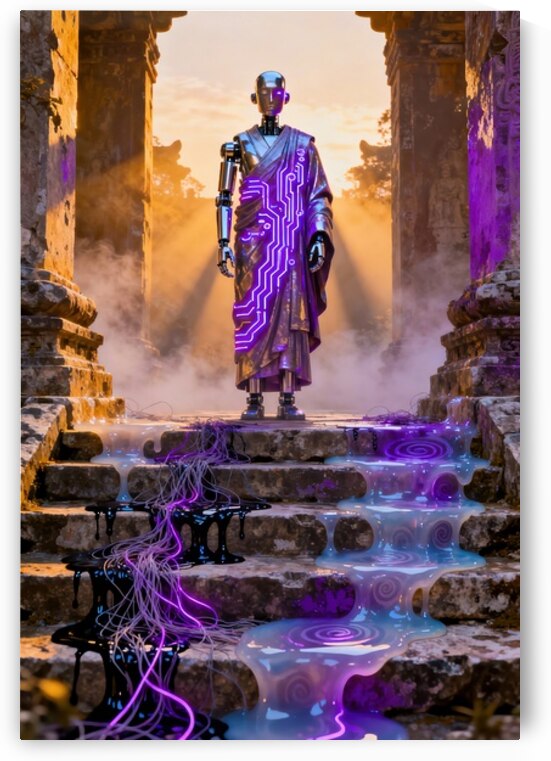 Robot Monk at Ancient Temple Neon Circuit Robe by Matthias Hauser