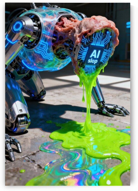 Robot Figure Vomits Neon AI Slop by Matthias Hauser