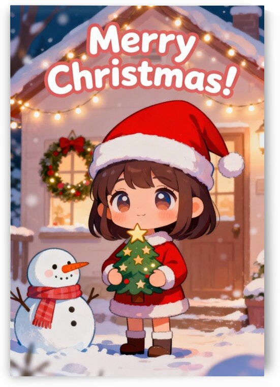 Merry Christmas Kawaii Santa Girl And Snowman by Matthias Hauser