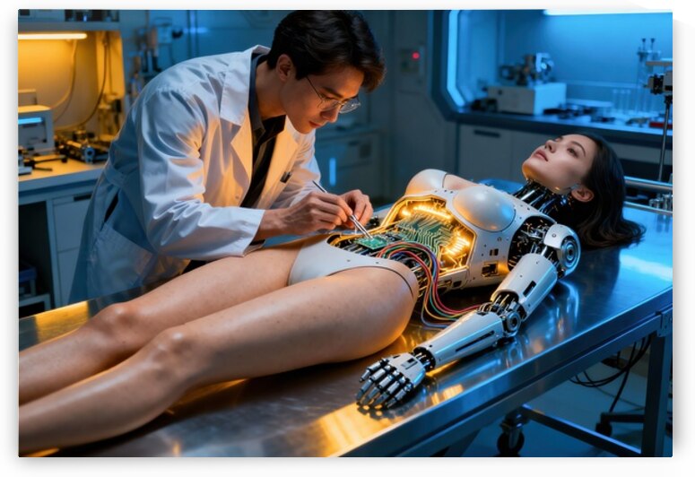 Cyborg Woman repair in futuristic lab by Matthias Hauser