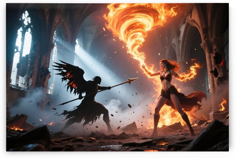 Fire Sorceress Duel With Winged Warrior by Matthias Hauser