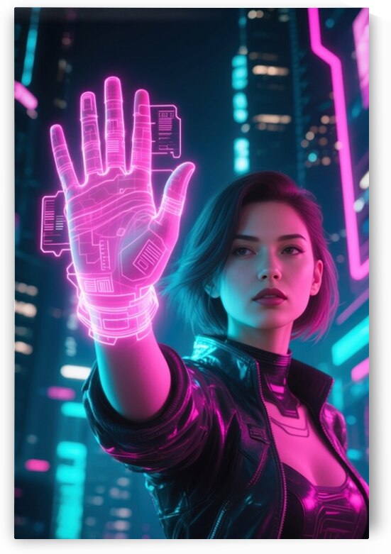 Neon Cyberpunk Woman With Holographic Hand Interface by Matthias Hauser