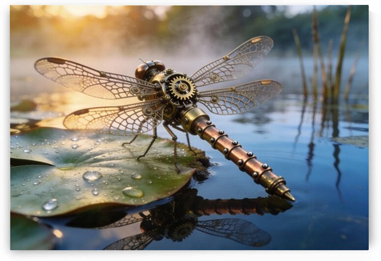 Steampunk Dragonfly On Lilypad At Sunrise by Matthias Hauser