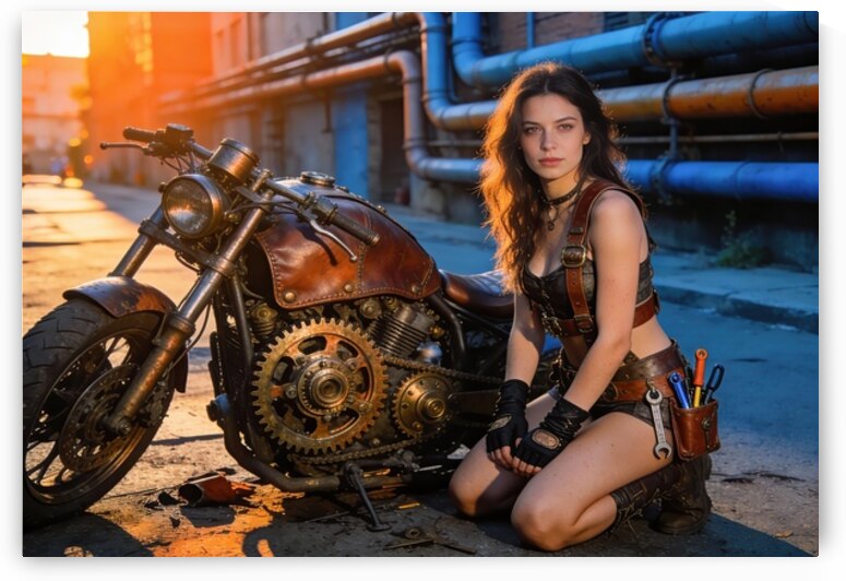 Steampunk Mechanic Woman With Custom Motorcycle by Matthias Hauser