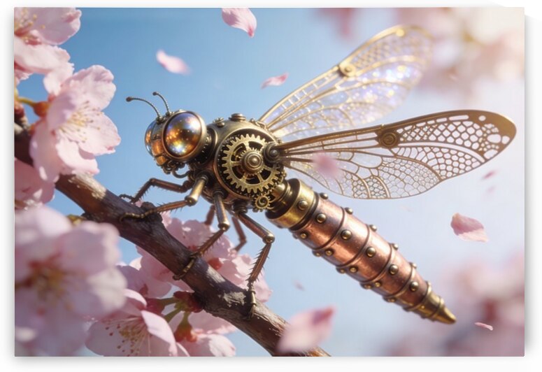 Steampunk Robotic Dragonfly On Cherry Blossom Branch by Matthias Hauser