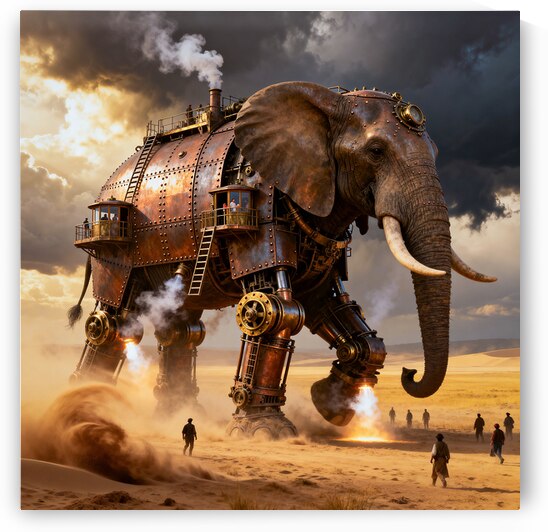 Steampunk Mechanical Elephant Walking Through Desert by Matthias Hauser