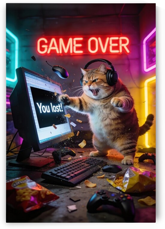Game Over Angry Gamer Cat In Neon Arcade Room by Matthias Hauser