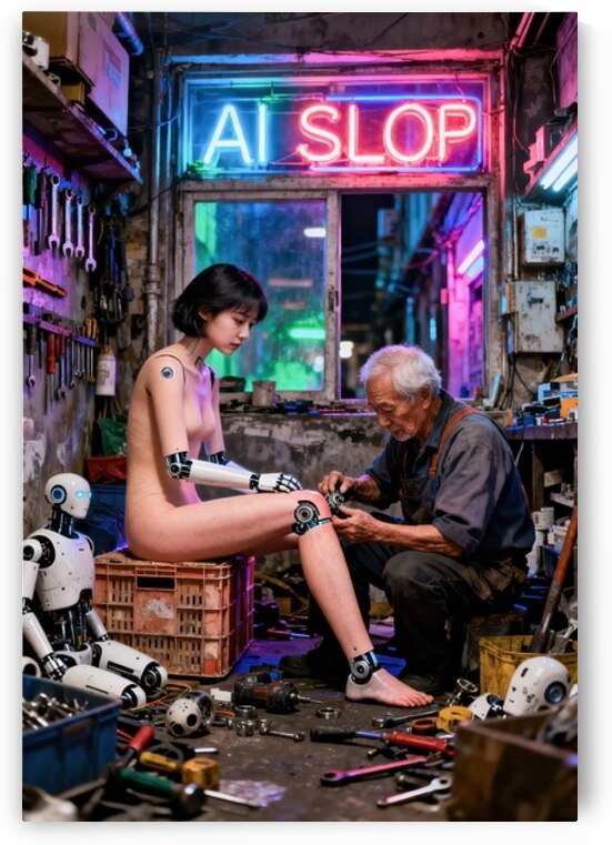 Robotic Repair in Neon AI Slop Workshop by Matthias Hauser