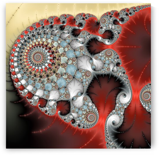 Abstract fractal spirals red grey yellow and light blue by Matthias Hauser