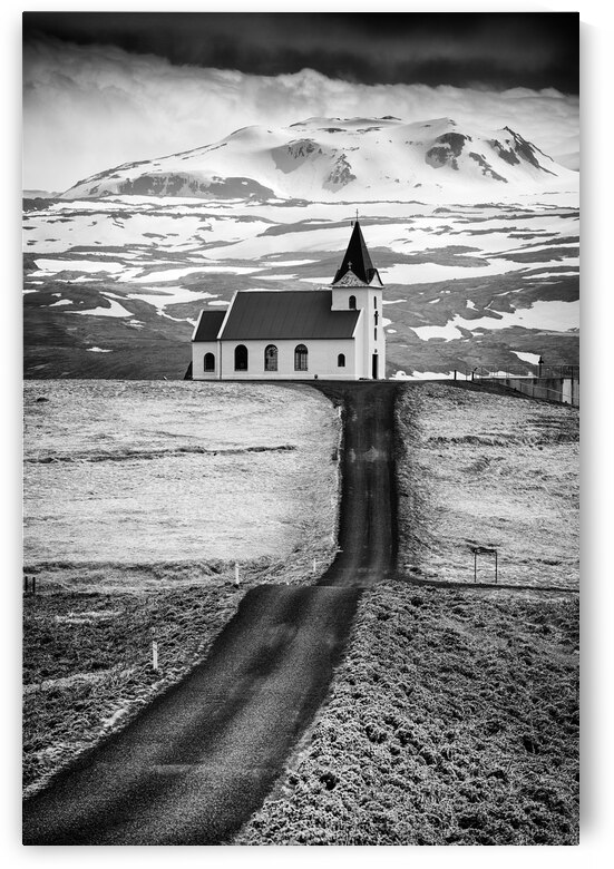 Iceland Ingjaldsholl church and mountains black and white by Matthias Hauser