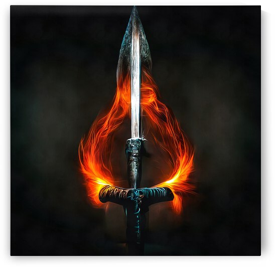 Burning Sword 03 Orange Flames Black Background by Matthias Hauser