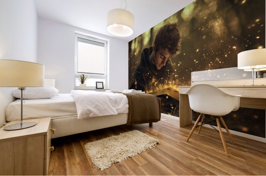 Young Man Reading Magical Book Mural print