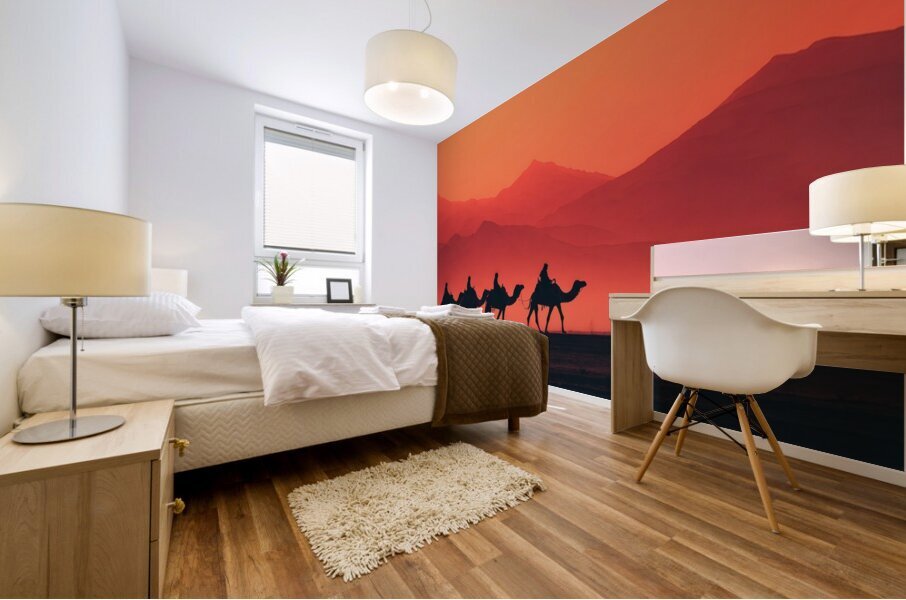 Camel Caravan at Sunset Mural print