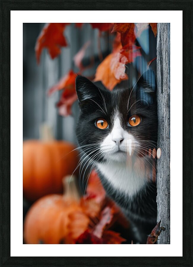 Tuxedo Cat with Autumn Pumpkins Picture Frame print