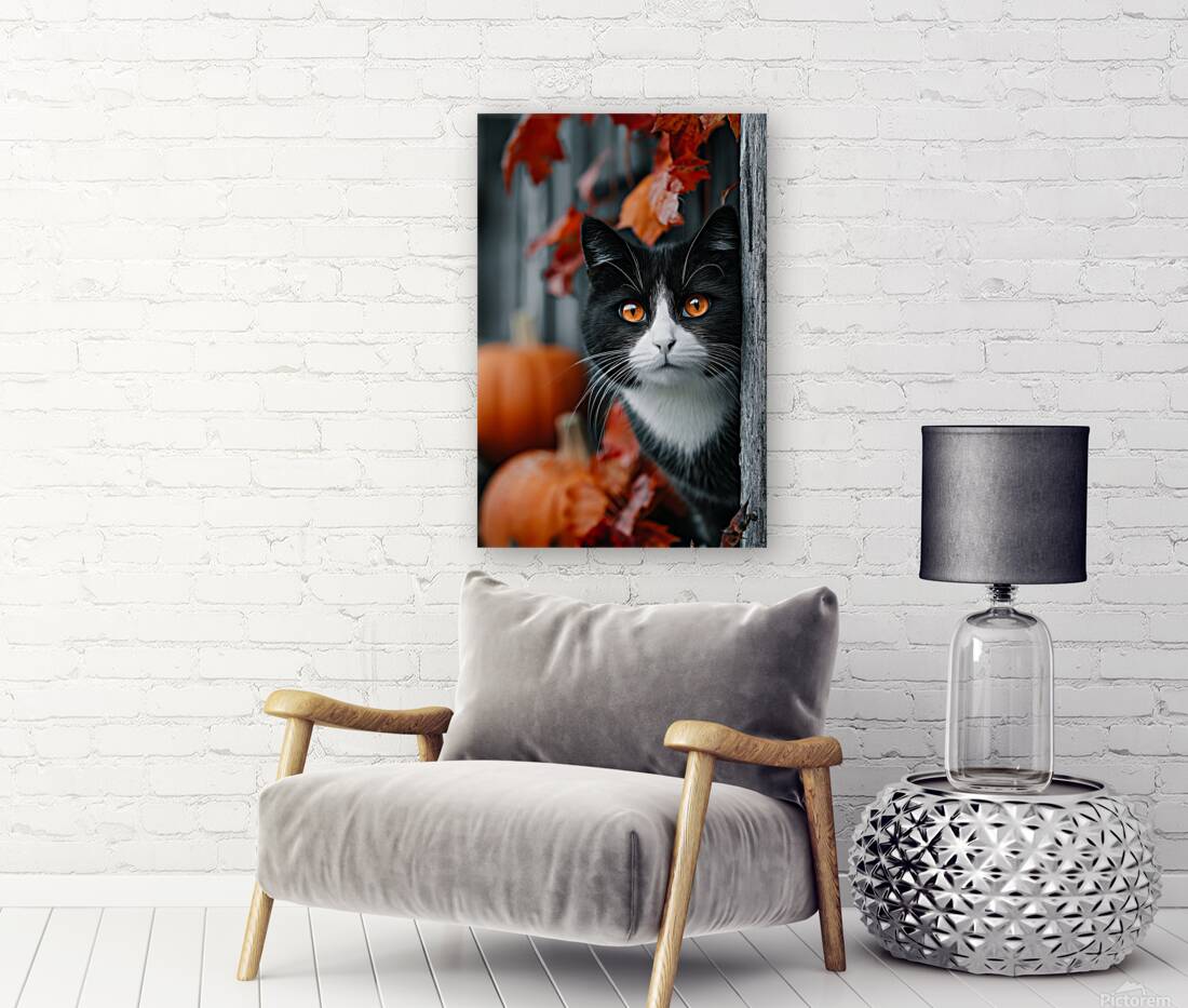 Tuxedo Cat with Autumn Pumpkins Reproduction