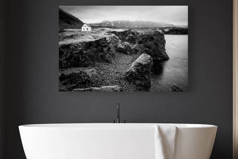 Solitary house at Arnarstapi coast Iceland black and white by Matthias Hauser