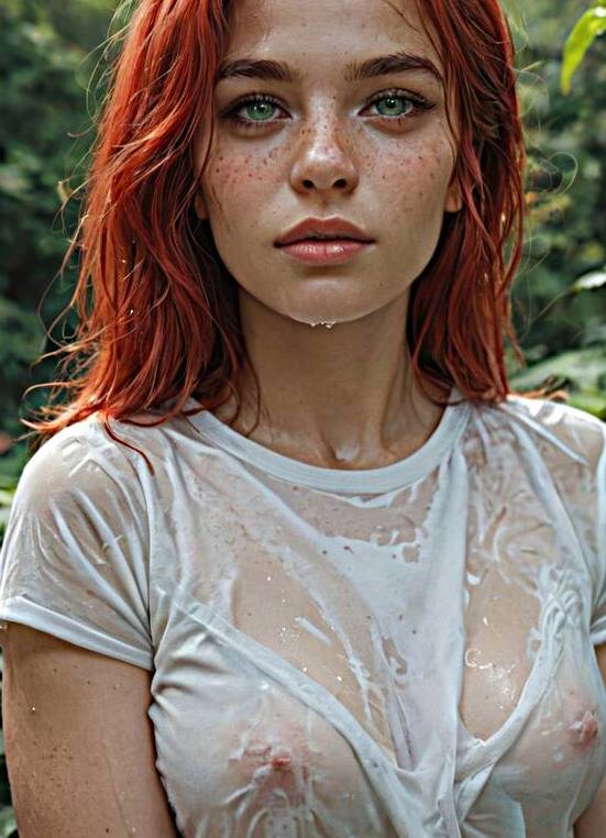 Young woman with wet shirt 01 red hair by Matthias Hauser