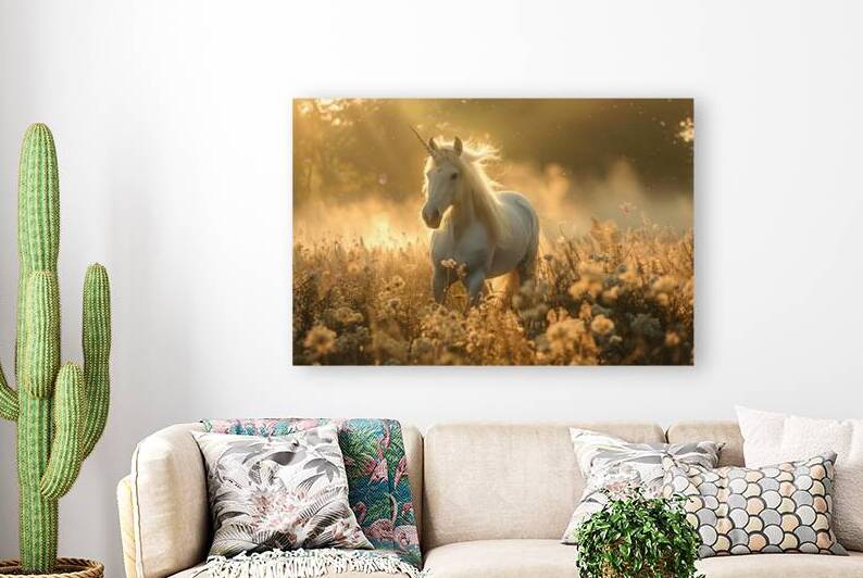 Unicorn in Summer Meadow with Golden Light by Matthias Hauser