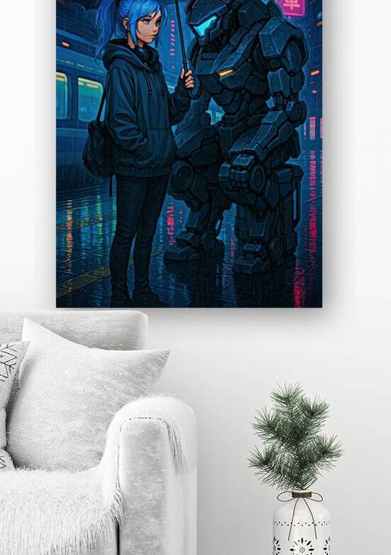 Rain Shelter - Cyberpunk Girl and Mech in Neon Alley by Matthias Hauser