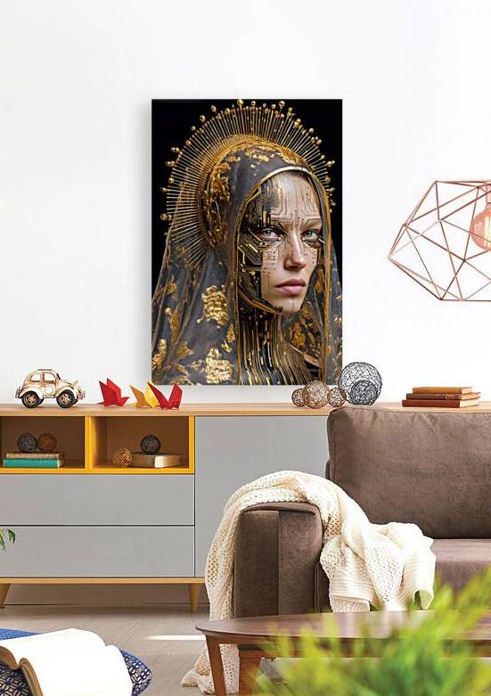 Cyberpunk Woman with Gold Halo and Circuit Face by Matthias Hauser
