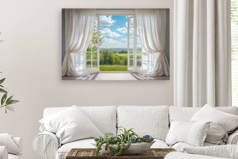 Open Window with Flowing Curtains - Peaceful Summer View by Matthias Hauser