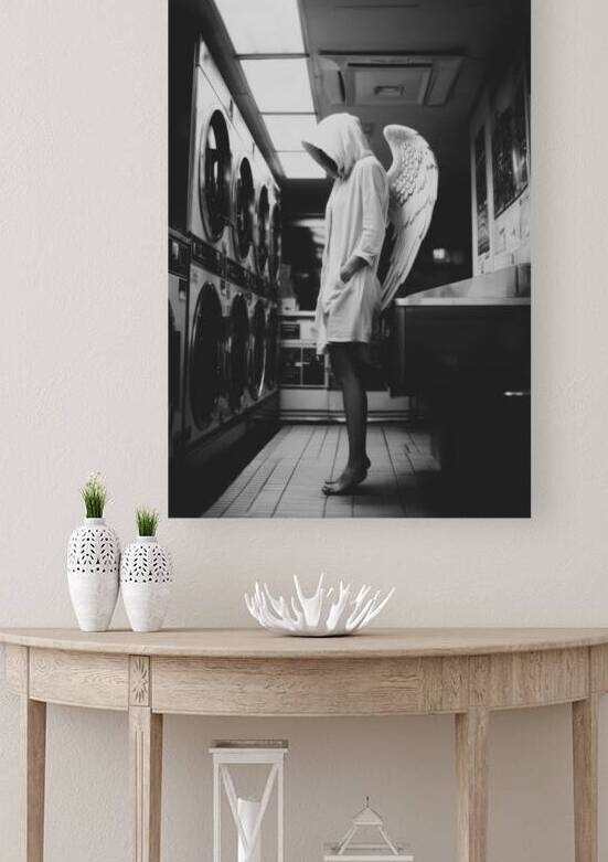 Hooded Angel in the Laundromat Black and White by Matthias Hauser