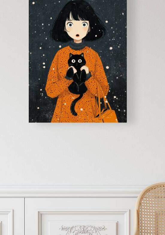 Kawaii Girl With Black Cat - Snowy Night by Matthias Hauser