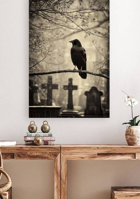 Crow on Branch in Foggy Cemetery by Matthias Hauser