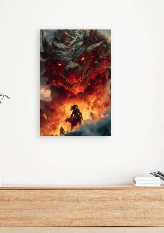 Dragon and Warrior Woman in Fiery Battle by Matthias Hauser