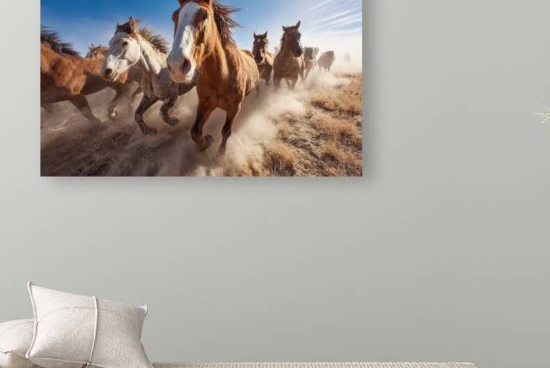 Galloping Horses In Dust Under Blue Sky by Matthias Hauser