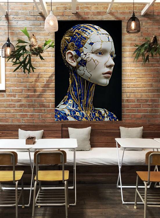 Kintsugi Cyborg Portrait Porcelain Android in Blue and Gold by Matthias Hauser